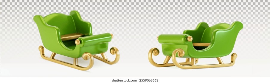 Green 3d sleigh model with metallic golden runners - festive winter transportation object from different angles with curved details and shiny surfaces. Christmas and New Year holiday decoration.