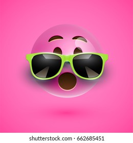 Green 3D smiley with sunglasses on green background, vector illustration
