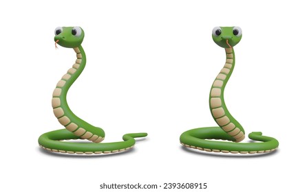 Green 3D snake, view from different sides. Venomous reptile with forked tongue. Dangerous predator. Python with big eyes. Vector character for web design