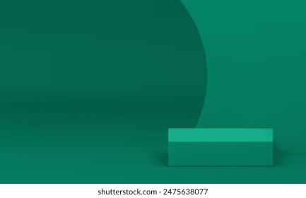 Green 3d squared podium pedestal promo showroom space interior realistic vector illustration. Product presentation trendy mock up scene with curved wall background shopping sale advertising room