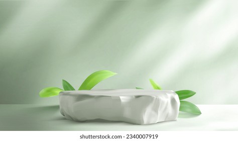 Fondo de la plataforma de visualización de productos cosméticos de 3d de piedra verde. Parking de belleza minimalista con hojas de planta para el fondo de presentación de lujo. Interior de escaparate de spa de primera calidad con roca