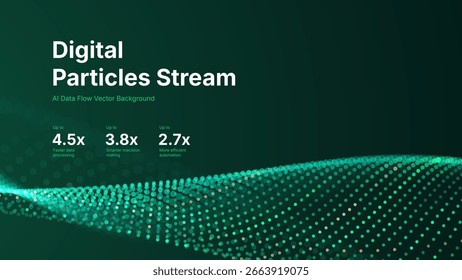 Grüne 3D Tech Partikel Digitaler Big Data Flow. Partikel aus dem Cyberspace. Neuronales Netzwerkgitter für künstliche Intelligenz. Vektorgrafik für Technologie, Wissenschaft, Business Presentation Design.