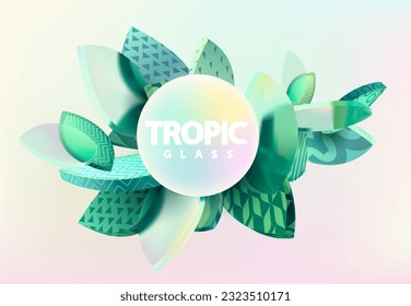 Green 3D tropical plants with glass leaves . Realistic vector foliage. Abstract summer banner design.