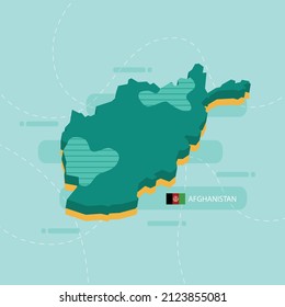 Grüne 3D-Vektorkarte Afghanistans mit Namen und Flagge des Landes auf hellgrünem Hintergrund und Bindestrich.