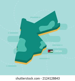 Green 3d vector map of Jordan with name and flag of country on light green background and dash.