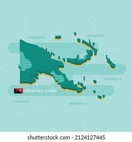 Green 3d vector map of Papua New Guinea with name and flag of country on light green background and dash.
