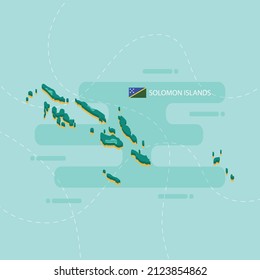 Green 3d vector map of Solomon Islands with name and flag of country on light green background and dash.