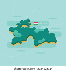 Mapa vectorial verde 3d de Tayikistán con nombre y bandera del país sobre fondo verde claro y guión.