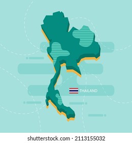 Green 3d vector map of Thailand with name and flag of country on light green background and dash.