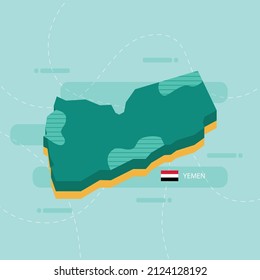 Green 3d vector map of Yemen with name and flag of country on light green background and dash.