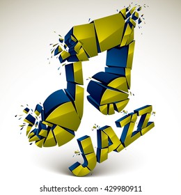 Green 3d vector musical note created from refractions isolated on white. Three-dimensional transform music theme design element. Jazz music theme 