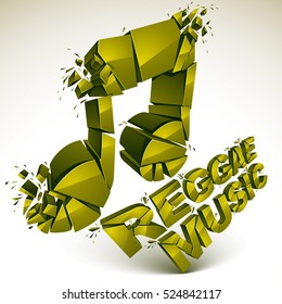 Green 3d vector musical note created from refractions isolated on white. Three-dimensional transform music theme design element. Reggae music theme