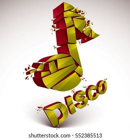 Green 3d vector musical note created from refractions isolated on white. Three-dimensional transform music theme design element. Disco music theme 