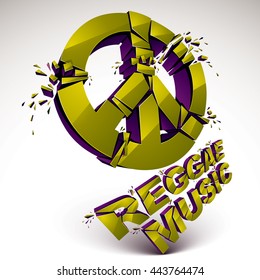 Green 3d vector peace sign created from refractions isolated on white. Three-dimensional transform design element. Reggae music theme