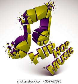 Green 3d vector shattered musical note with specks and refractions. Dimensional facet design music demolished symbol. Hip hop music theme 