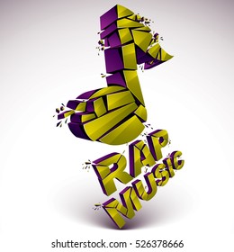 Green 3d vector shattered musical note with specks and refractions. Dimensional facet design music demolished symbol. Rap music theme.