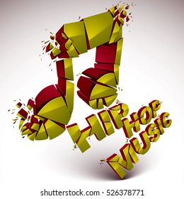 Green 3d vector shattered musical note with specks and refractions. Dimensional facet design music demolished symbol. Hip hop music theme 