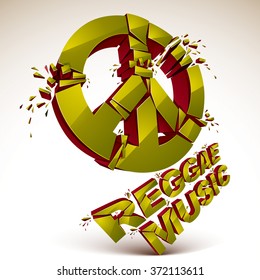 Green 3d vector shattered peace sign with specks and refractions. Dimensional facet design demolished symbol isolated on white. Reggae music theme