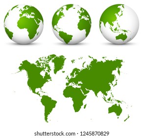 Green 3D Vector World - Globe Collection and Undistorted 2D Earth Map in Green Color. Beautiful Green Colored Globe for Your Graphic Business or own ECO Design. Isolated on White Background.
