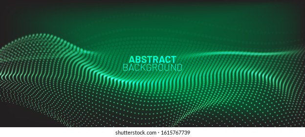 Green 3d wave abstract background. Wavy line dots. Technology concept. Big data horisontal vector banner.
