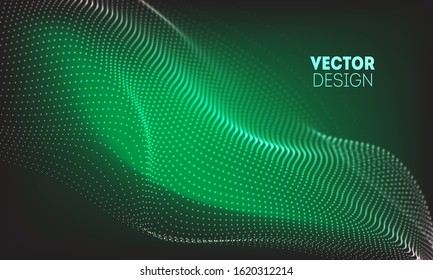 Green 3d wave abstract background. Wavy line dots. Technology concept. Big data vector illustration.