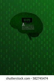 Green 3d wireframe polygonal brain graphic illustration on binary numeral system matrix background