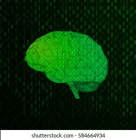 Green 3d wireframe polygonal brain graphic illustration on binary numeral system matrix background