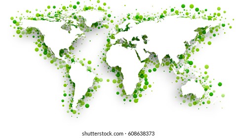 Green 3d world map. Vector paper illustration. 