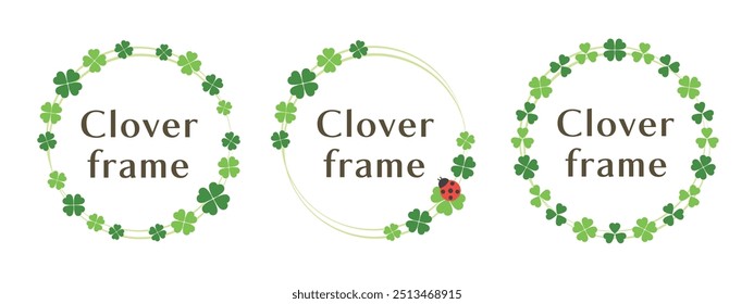 Marco redondo verde del trébol de 4 hojas, espacio de la copia, decoración del diseño del título. Cuatro hojas símbolo de buena suerte y felicidad. Día de San Patricio. Trébol. Ilustración vectorial aislada sobre fondo blanco.