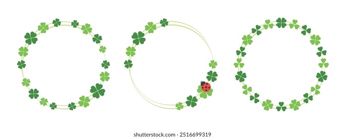 Marco redondo verde del trébol de 4 hojas, espacio de la copia, decoración del diseño del título. Cuatro hojas símbolo de buena suerte y felicidad. Día de San Patricio. Trébol. Ilustración vectorial aislada sobre fondo blanco.