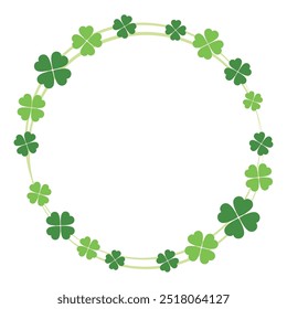 Green 4 leaf clover round frame,  copy space, title design decoration. Four leaves symbol of good luck and happiness. St. Patrick's Day. Shamrock. Isolated vector illustration on white background.