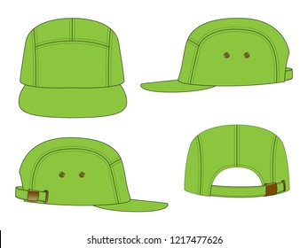 Green 5 Panels Baseball Cap With Eyelet and Adjustable Brass Metal Slide Buckle Strap Template On White Background