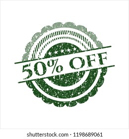 Green 50% Off distressed rubber stamp with grunge texture
