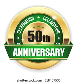 Green 50th Anniversary Badge With Gold Border And Ribbon On White Background