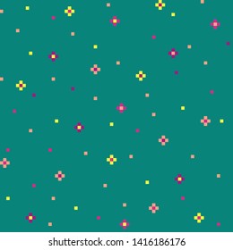 Green 8-bit abstract background with cute flowers. Pixel digital seamless background. Geometric style. 