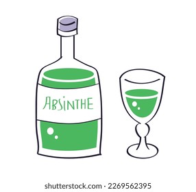 Green absinthe bottle and glass isolated vector illustration