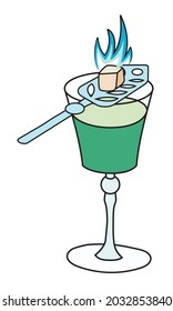 Green Absinthe In Cobbler Glass With A Burning Sugar Cube On A Special Spoon. Stylish Hand-drawn Doodle Cartoon Hipster Style Vector Illustration. Good For Party Card, Bar Menu Cook Book Recipe.