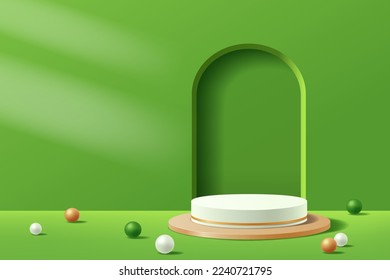 Green abstract 3D scene for mockup, White and gold cylinder podium for display product presentation background, Vector illustration