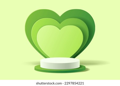 Green abstract 3D scene for mockup product presentation, Cylindrical podium and overlap heart shape for display product, Vector illustration