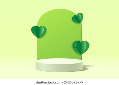 Green abstract 3D scene for presentation product, White cylinder stand and podium arch for displaying products decorated with green paper cut hearts, Save Environment background, Vector illustration