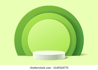 Green abstract 3D scene for product presentation background, White Cylinder podium for display product and green circle shape overlap behind, Vector illustration