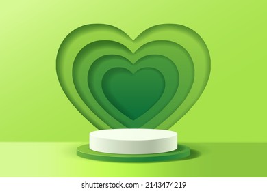 Green abstract 3D scene for show natural products or environmentally friendly products background, White podium showcases product behind a wall through heart shape overlapping, Vector illustration