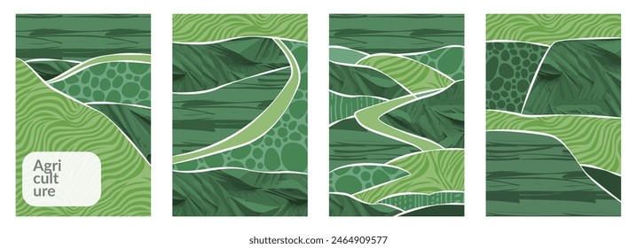 Green abstract agriculture field farm collage background. Vineyard pattern vector illustration. Eco farmland with wheat rice texture. Rural hill view, aerial landscape, aesthetic poster, nature design