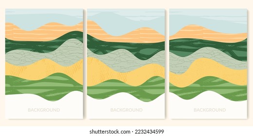 Folleto de vectores de campo agrícola abstracto verde. Plantilla de tarjeta Agro, presentación de granja. Conjunto de un diseño 4 con tema natural. Forma minimalista, diseño agri. Vista de campo con fondo de textura