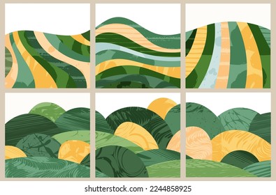 Green abstract agriculture field vector social media square post. Agro card template, farm presentation. Set of layout with nature theme. Minimalist shape, agri design. Field view, texture background