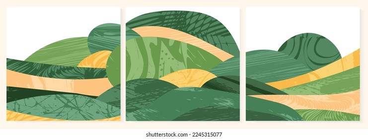 Green abstract agriculture field vector social media square post. Agro card template, farm presentation. Set of layout with nature theme. Minimalist shape, agri design. Field view, texture background