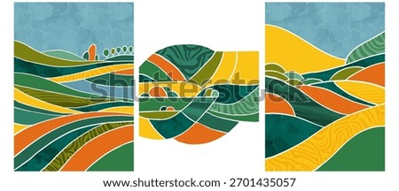 Green abstract agriculture field vector leaflet. Agro card template, farm presentation. Set of a4 layout with nature theme. Minimalist shape, agri design. Field view with texture background