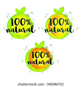 Green abstract apple 100% natural lettering sticker set. Eco friendly concept for stickers, banners, cards, advertisement. Vector ecology nature design.