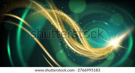 Green abstract backdrop with golden curve ribbons and glowing sparks, premium vector background. Wavy gold lines, bokeh and light effect, elegant metallic glow for luxury design concepts