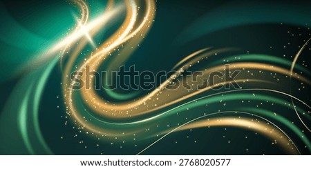 Green abstract backdrop with golden curve ribbons and glowing sparks, premium vector background. Wavy gold lines, bokeh and light effect, elegant metallic glow for luxury design concepts